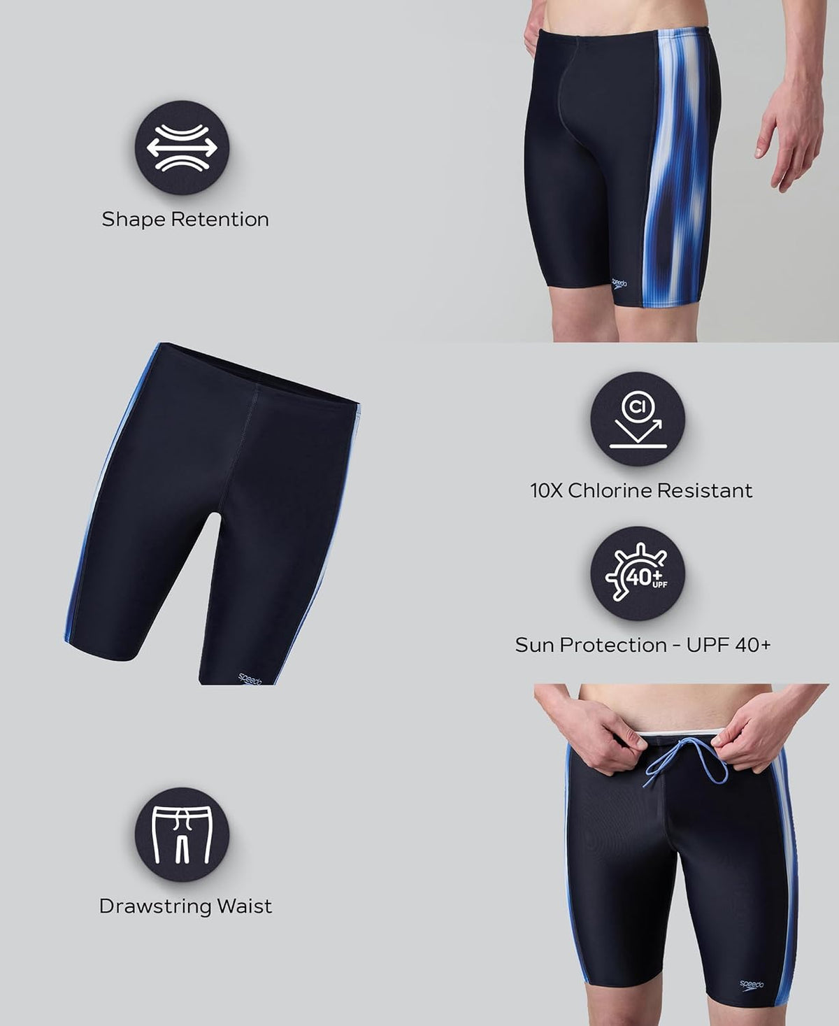 Speedo Men's Endurance10 Tech Panel Print Jammer Swimming Trunks | UPF 40+ Sun Protection | Chlorine Resistance | Shape Retention Fabric Swimming Costume | Draw