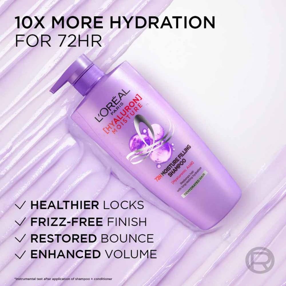 L'Oreal Paris L Oral Moisture Filling Shampoo, With Hyaluronic Acid, For Dry & Dehydrated Hair, Adds Shine Bounce, Hyaluron 72H, 650Ml. | 650Ml 650 ml (Pack of