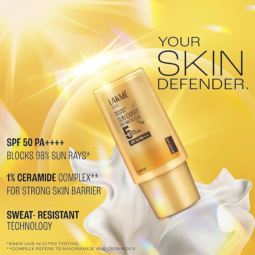 Lakme Fluid SPF 50 PA++++ In-Vivo tested Sunscreen With 1% Niacinamide & Ceramide,all skin type 30ml
