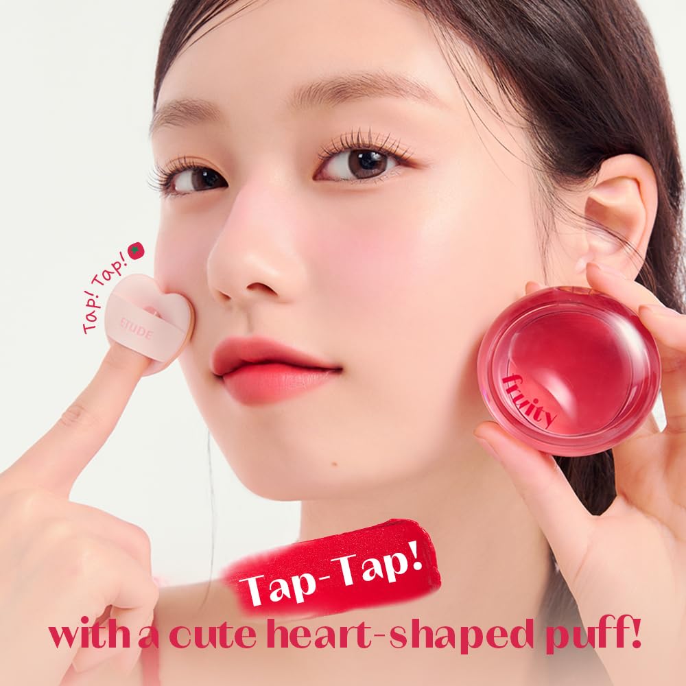Etude Fruity Lip & Cheek Blur Balm| Cream blush, Soft Melting Texture| Highly pigmented Korean Tint| Cute Puff applicator|Korean Makeup- 01 Red Tomato 2.3g