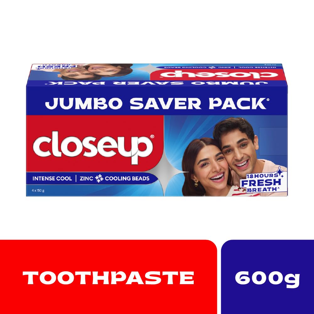 Closeup Intense Cool Blue Gel Toothpaste with Cooling Beads | Intense Cooling | 18 Hours of Fresh Breath, 600g (150g x 4)