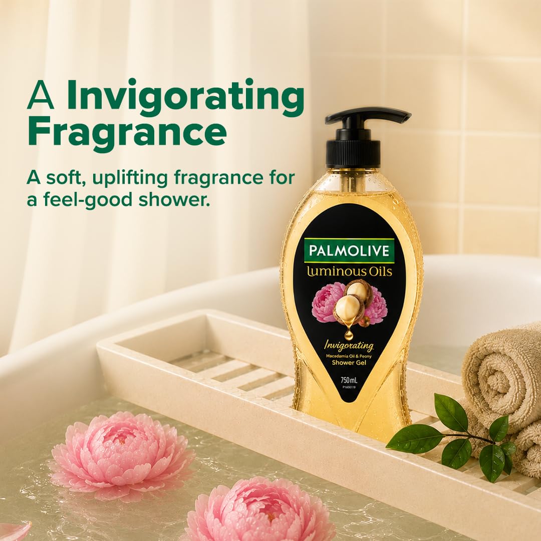 Palmolive Luminous Oil Invigorating Body Wash, 750ml Pump Bottle, 100% Natural Macadamia Oil & Peony Extracts For Everyday Freshness & Radiant Skin, PH Balanced