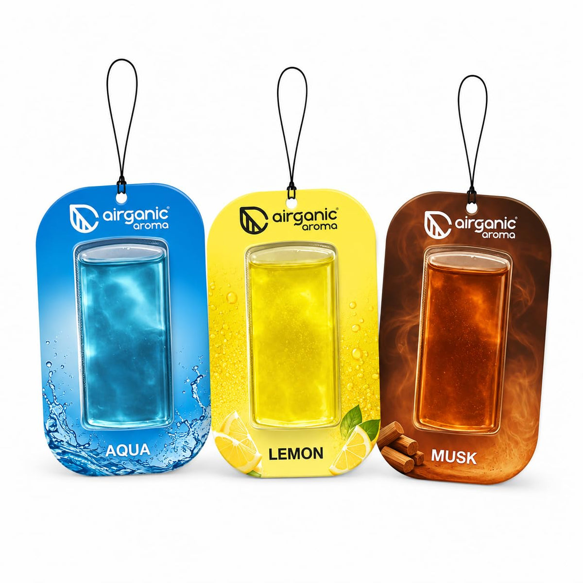 AIRGANIC Aroma Gel Hanging Car Air Freshener Pack of 3 | Fresh Aqua, Musky & Citric Lemon | Long-Lasting Car Perfume | Membrane Gel Freshener | Up to 30 Days Fr
