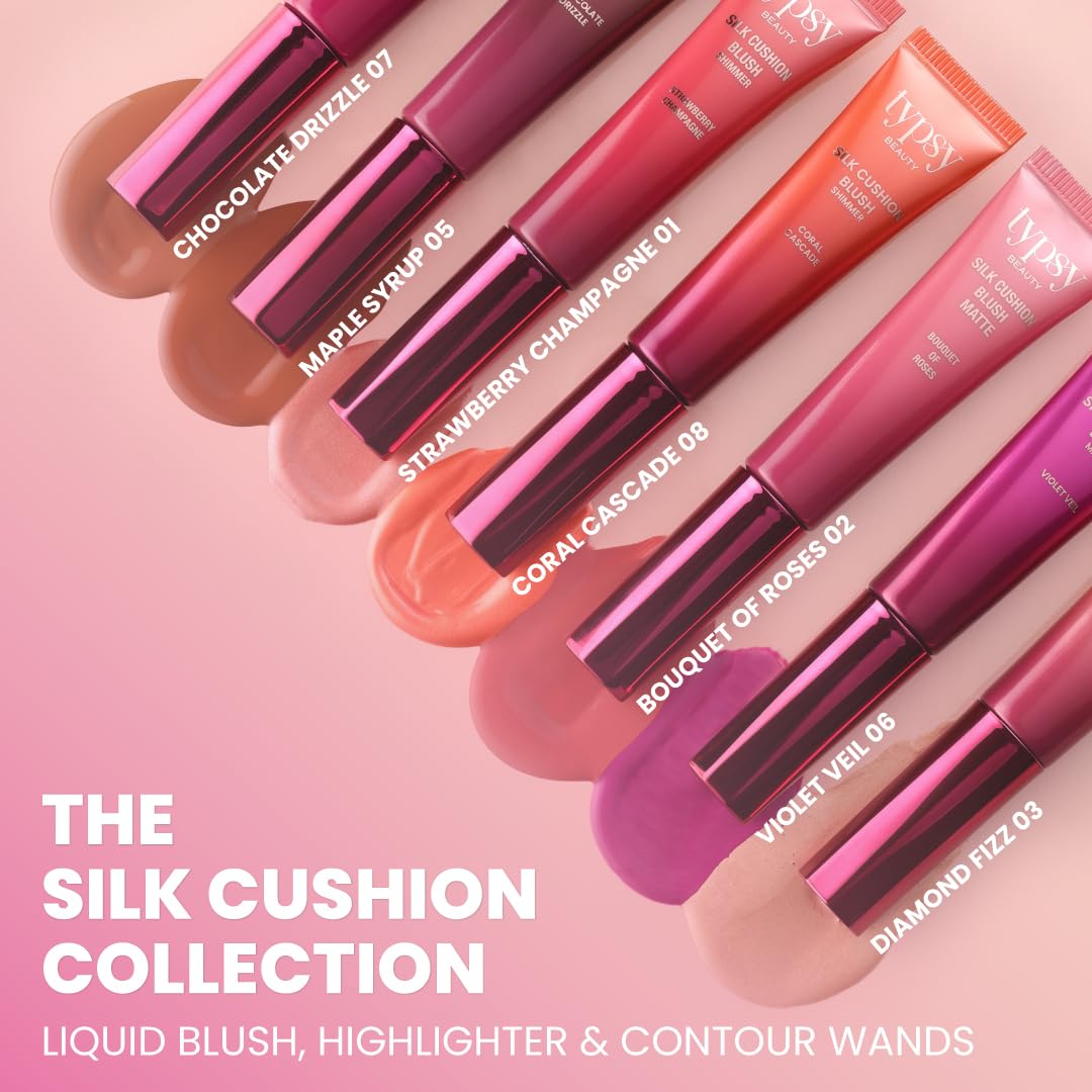 Typsy Beauty Liquid Blusher Coral Cascade | Silk Cushion Wand with Hyaluronic Acid & Vitamin E | Lightweight Buildable Face Makeup Blush & Highlighter | Cushion Tip | 15ml