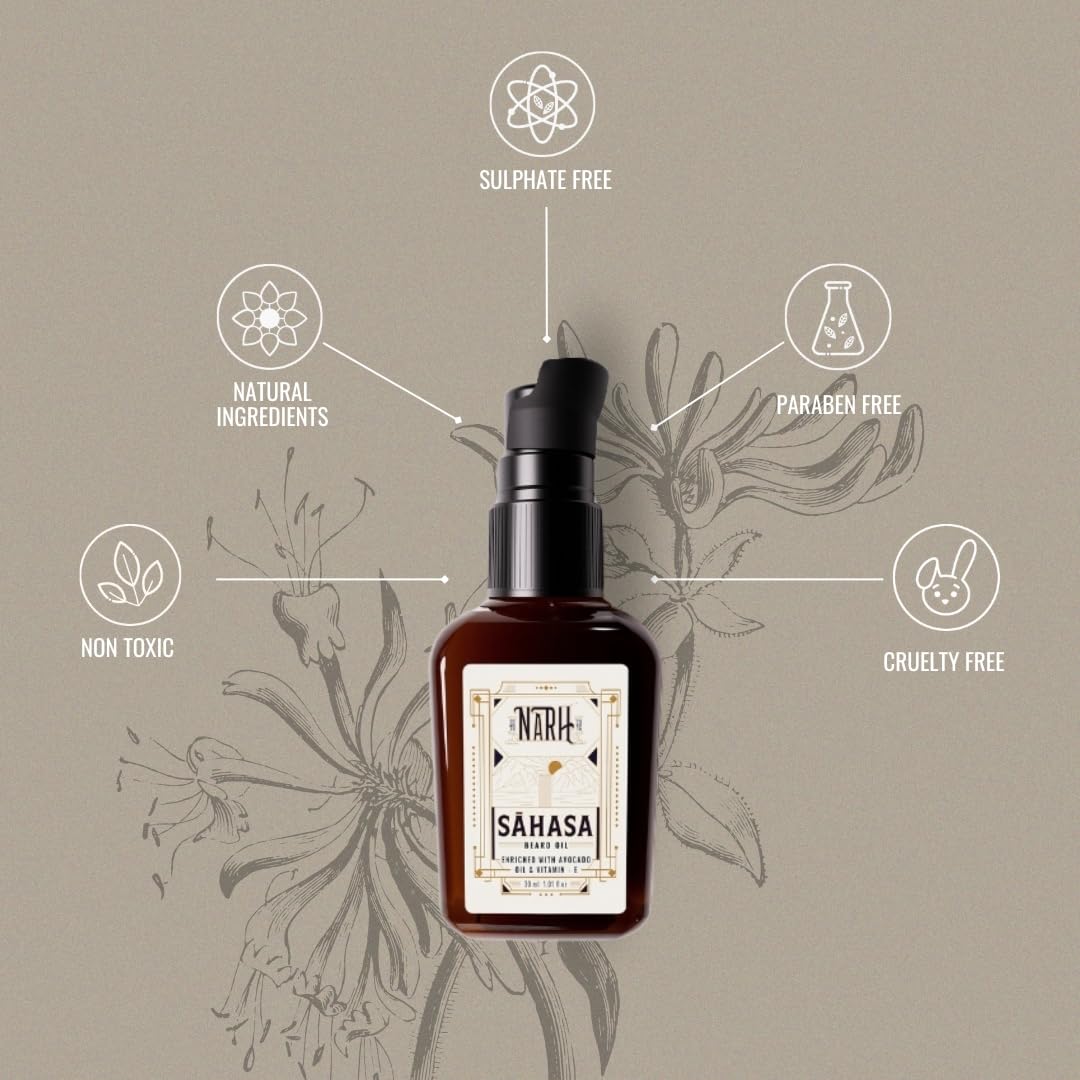 NARH SAHASA | Luxury Beard Oil for Men | Musk Fragrance | All-Natural, Non-Sticky, Beard Hydration & Anti-Dandruff | Enriched with Vitamin E, Jojoba, & Avocado