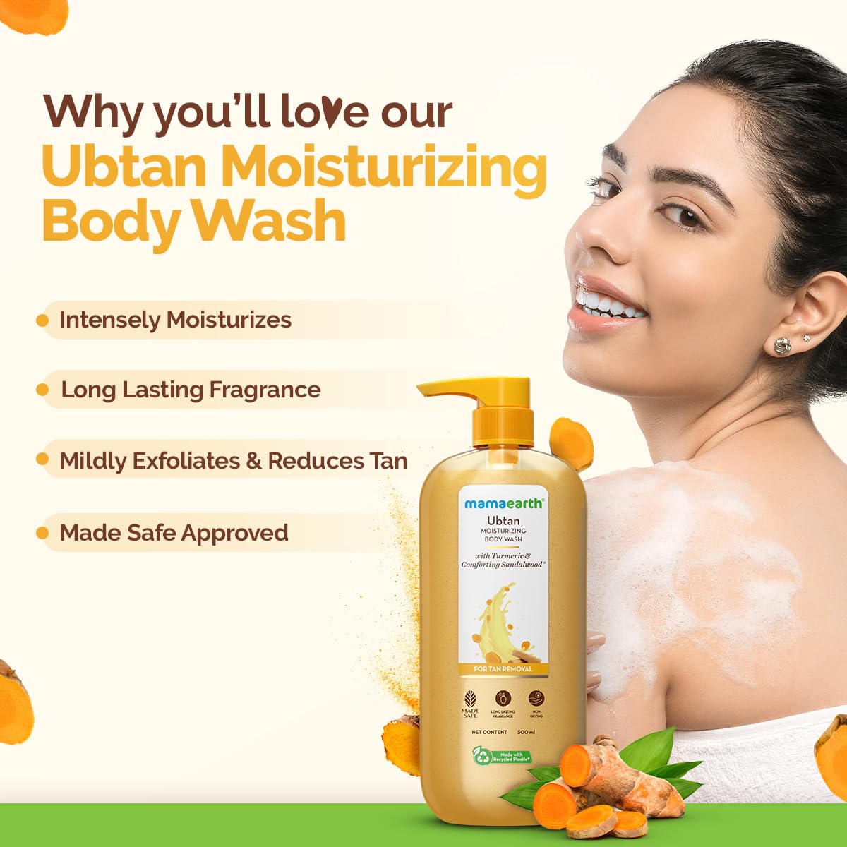 Mamaearth Ubtan Moisturizing Body Wash with Turmeric & Comforting Sandalwood Scent for Tan Removal 500ml | Intensely Moisturizes | Long Lasting Fragrance | Mild