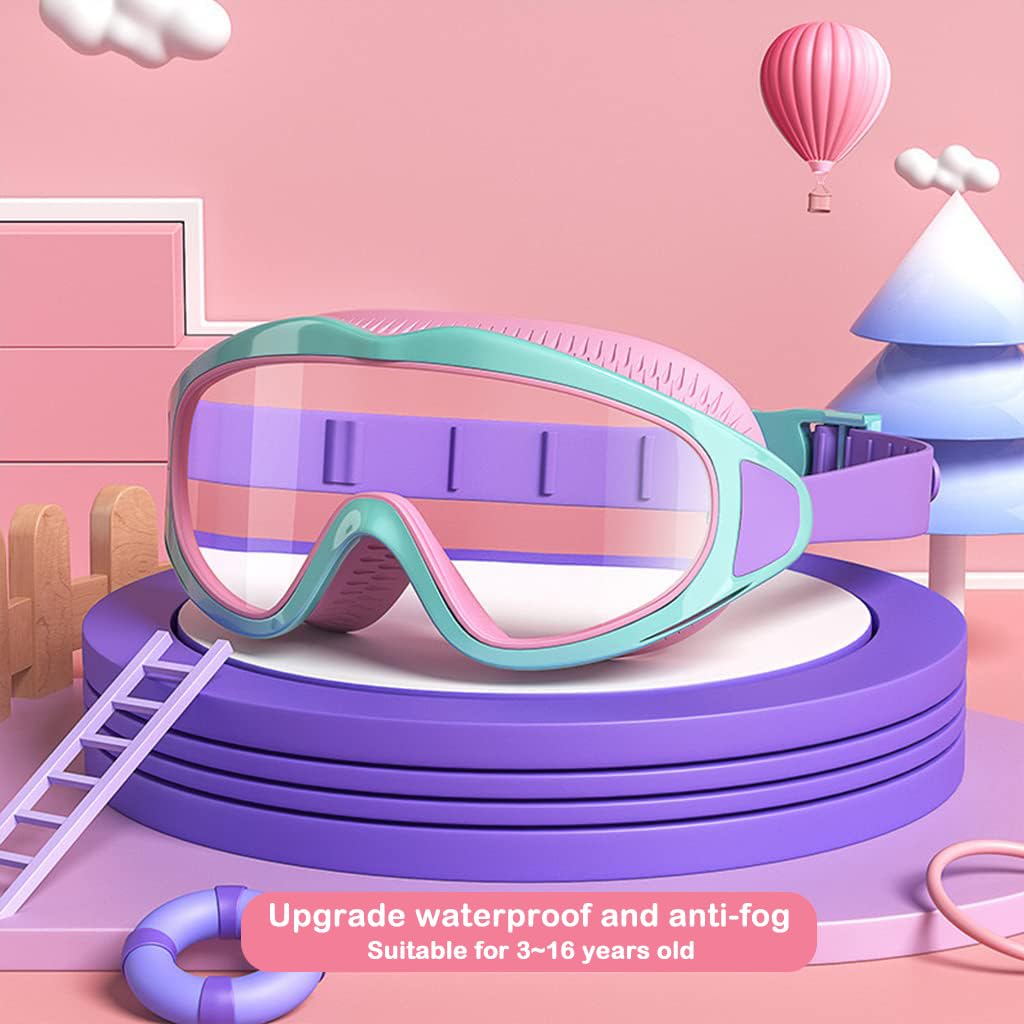 PROBEROS Kids Swim Goggles Big Frame Leakproof Anti Fog UV Shield Pink Purple