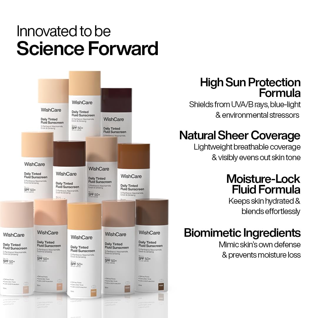 WishCare Daily Fluid Tinted Sunscreen SPF50 PA++++| L102 | Broad Spectrum Protection for all skin types | In-Vivo Tested Tinted Sun Screen | D-Panthenol, Niacinamide, Ectoin & Ginseng | Evens & Protects | 50ml