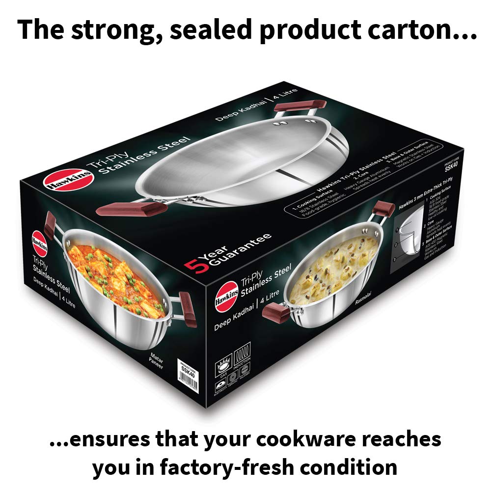 Hawkins 1.5 Litre Deep Fry Pan, Triply Stainless Steel Kadai, Flat Bottom Induction Kadhai, Small Kadai, Silver (SSD15)