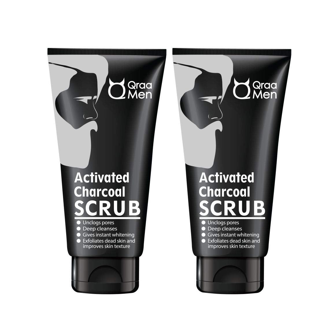 Qraa Men Activated Charcoal Scrub with Essential Oils | For deep cleansing & Glowing Skin | Anti Acne & Blackhead Remover | 100gm X 2 (Pack of 2)