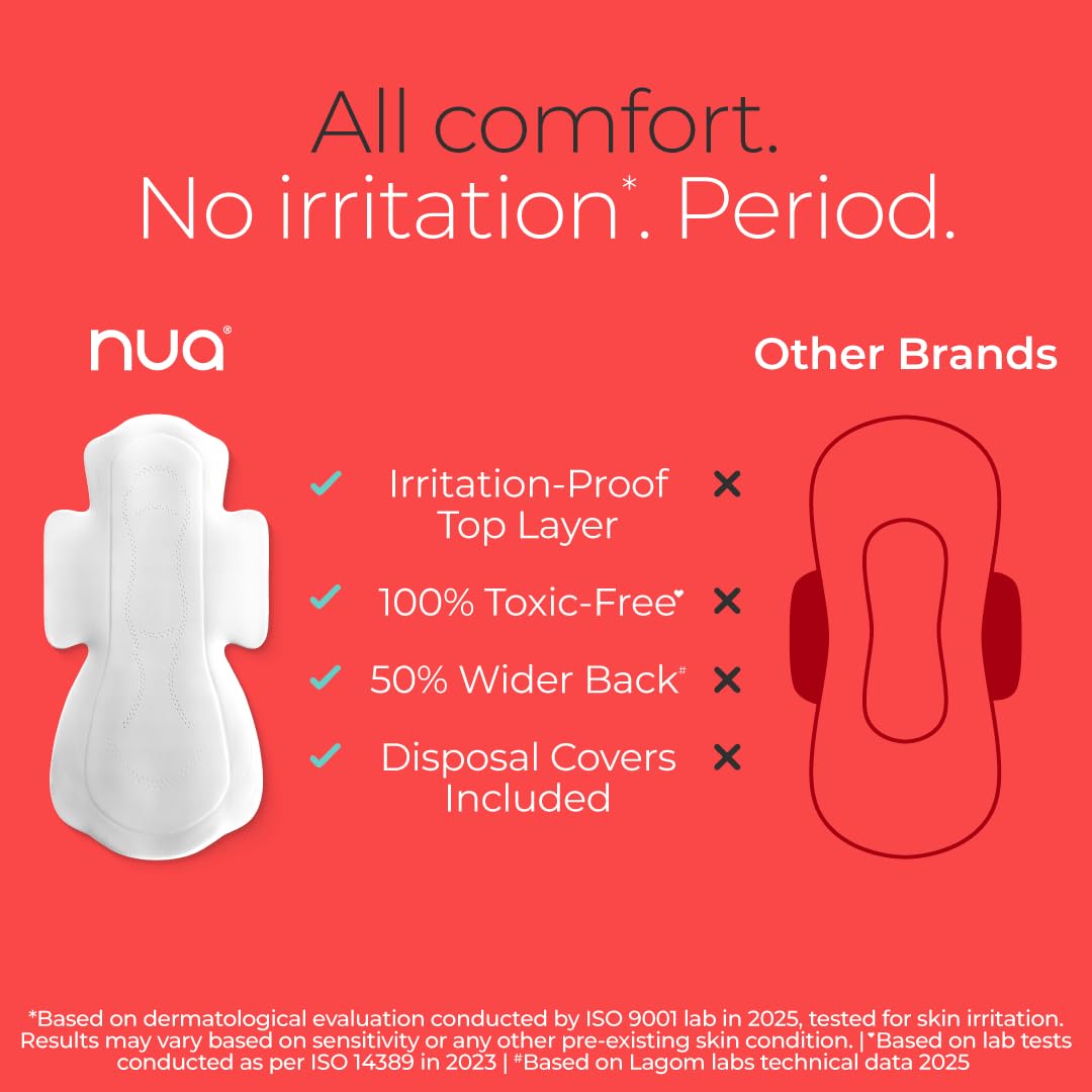 Nua Complete Comfort Sanitary Pads for Sensitive Skin | Pack of 50 Pads (12 Heavy Flow, 20 Medium Flow, 18 Light Flow) with Disposal covers | Zero Irritation |