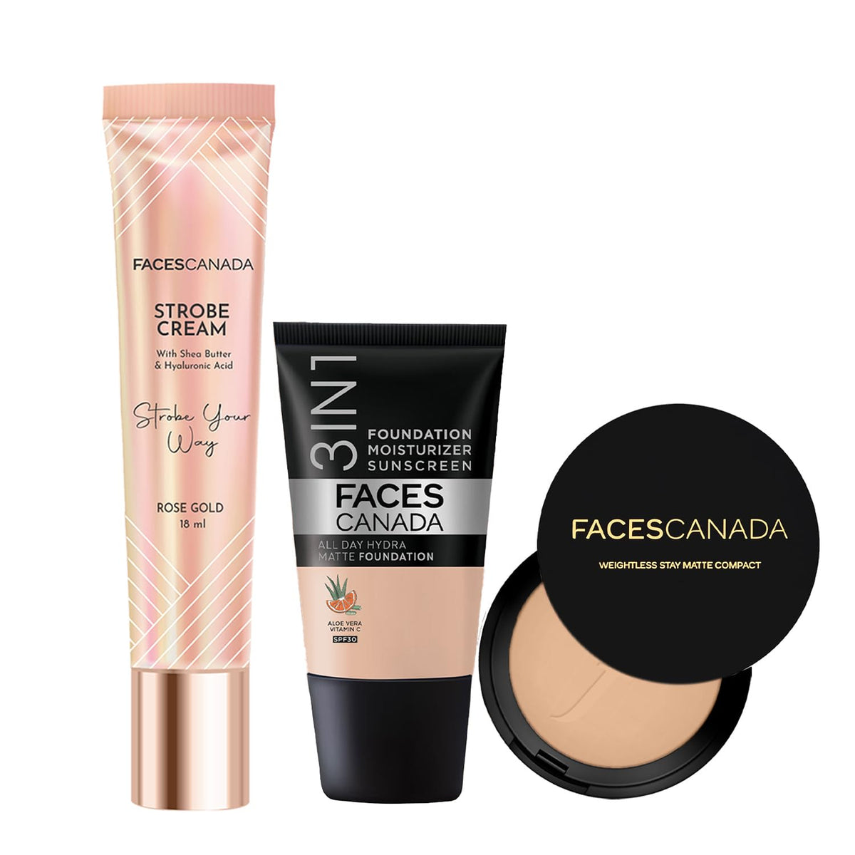 FACES CANADA All Day Glam Combo - Strobe Cream - Rose Gold (18 ml) + Weightless Stay Matte Compact Powder - Beige 03 (9 gm) - Hydra Matte Foundation - Rose Ivor