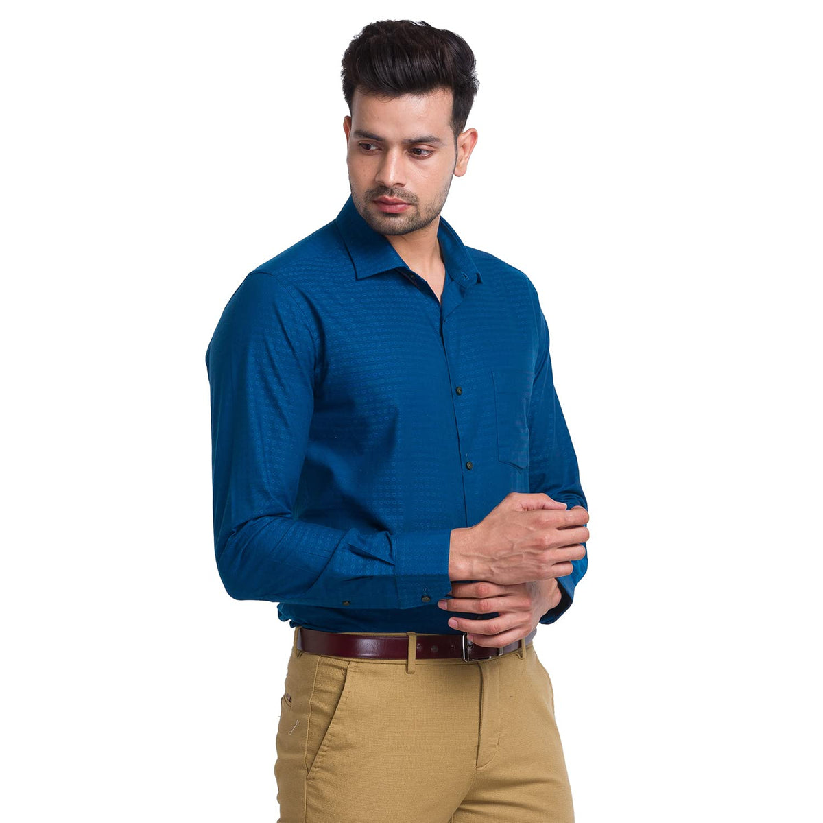 Park Avenue Men's Pure Cotton Structure Pattern Slim Fit Semi Cutaway Collar Full Sleeve Ceremonial Shirt 40 Fancy Blue