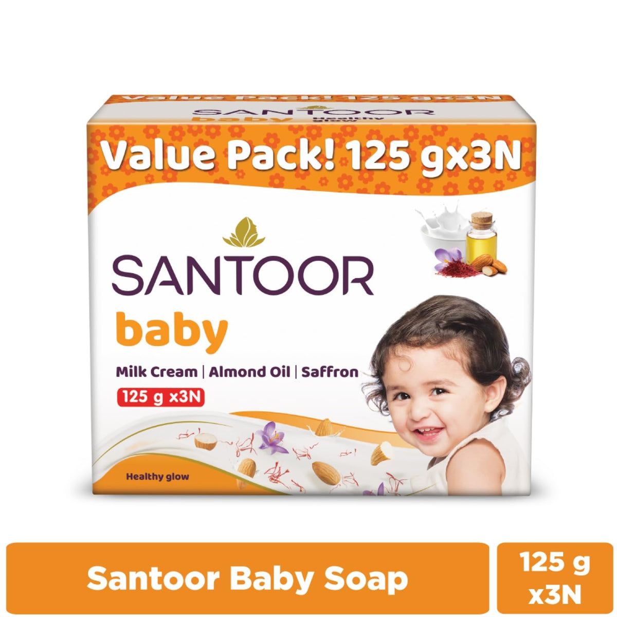 Santoor Baby Bathing Bar Soap with Milk Cream, Saffron, & Almond Oil for Soft & Supple Skin| Gentle & Rich Lathering Formula with Mild Fragrance| 125gx3 Almond