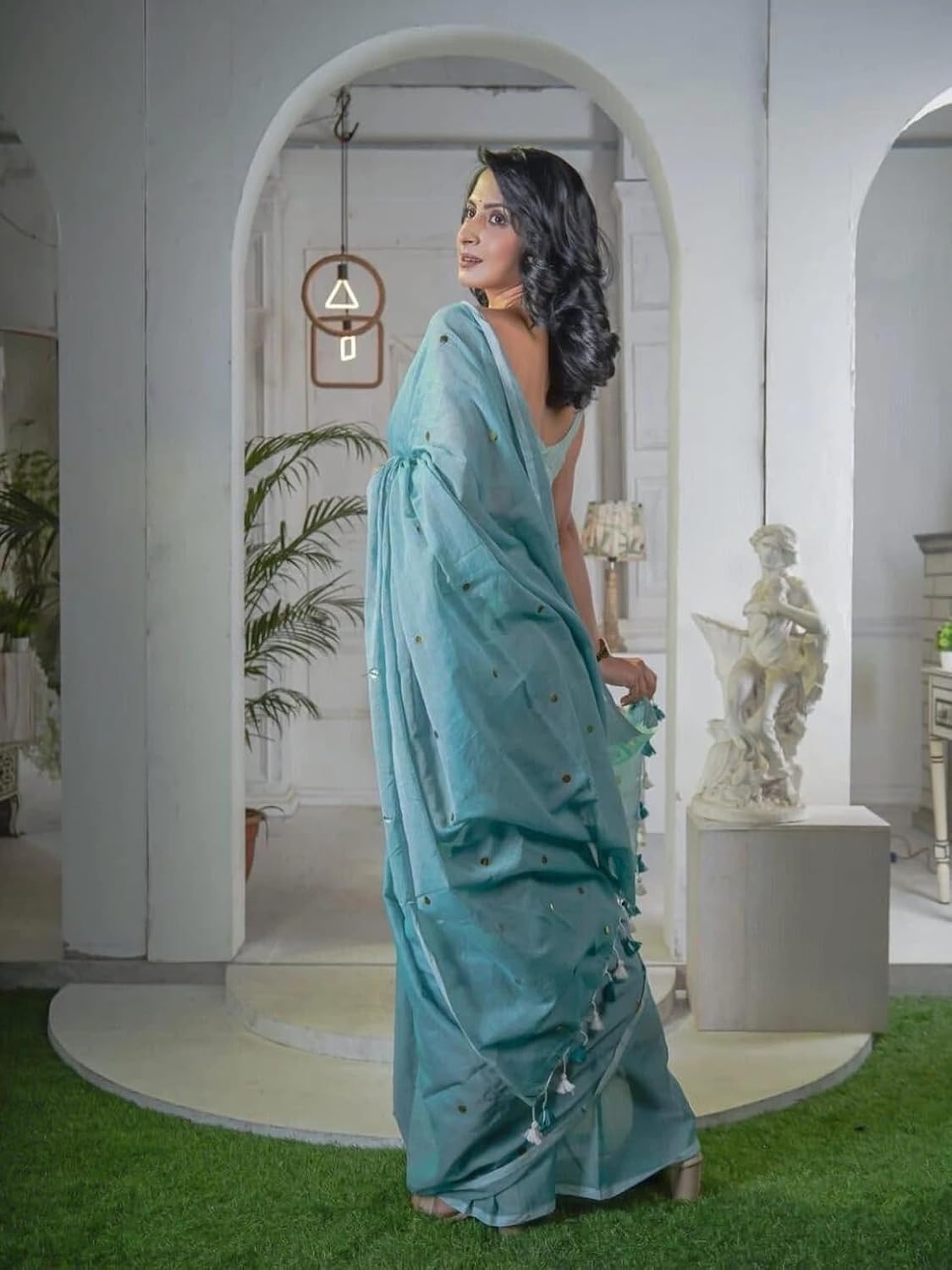 Women’s Khadi Cotton Saree with Blouse Piece | Soft Lightweight Plain Saree with Foil Butti Work Light Blue