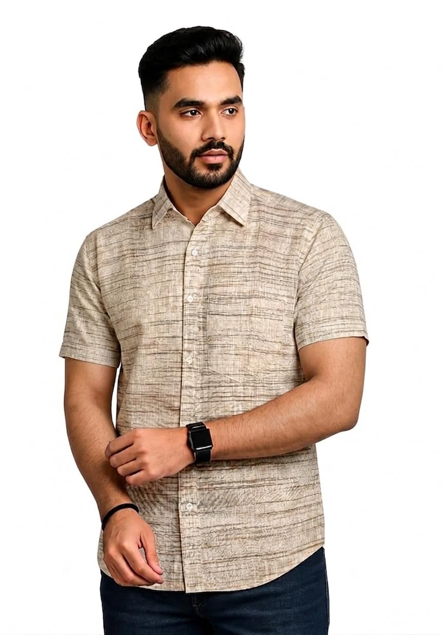 Men Khadi Cotton Shirt | Half Sleeve Casual Shirt for Men | Breathable Handwoven Cotton Shirt | Lightweight Comfortable Summer Casual Shirt XL Light Beige