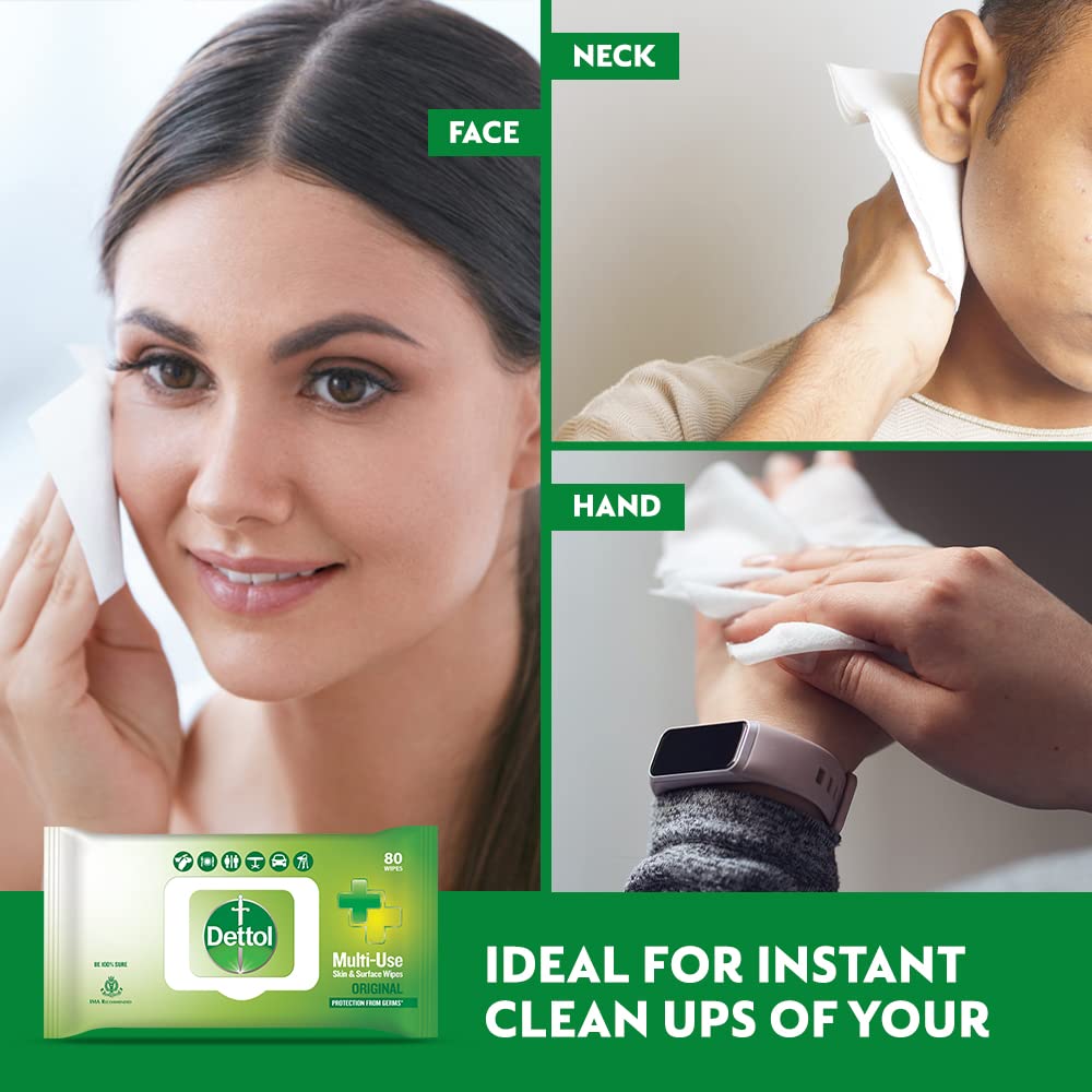 Dettol Disinfectant Sanitizer Wet Wipes For Skin & Surfaces , Original 80 Count| Moisture-Lock Lid | Safe On Skin | Ideal To Clean Surfaces