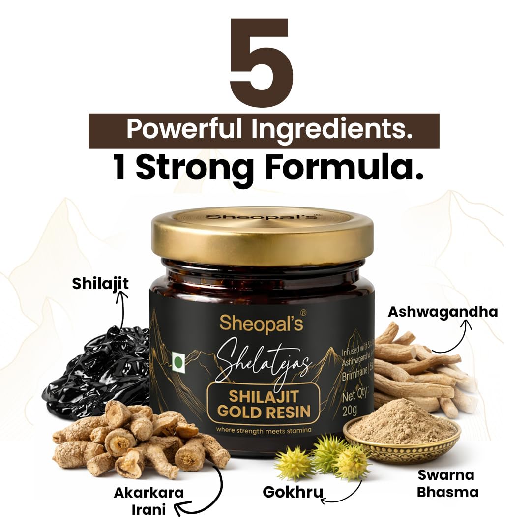 Sheopals Shelatejas Shilajit Gold Resin 20g | 500mg/ seving | 78% Fulvic Acid | Boost Energy, Stamina, Muscle Growth | 80 Servings - Lab Tested 1 ml (Pack of 1)