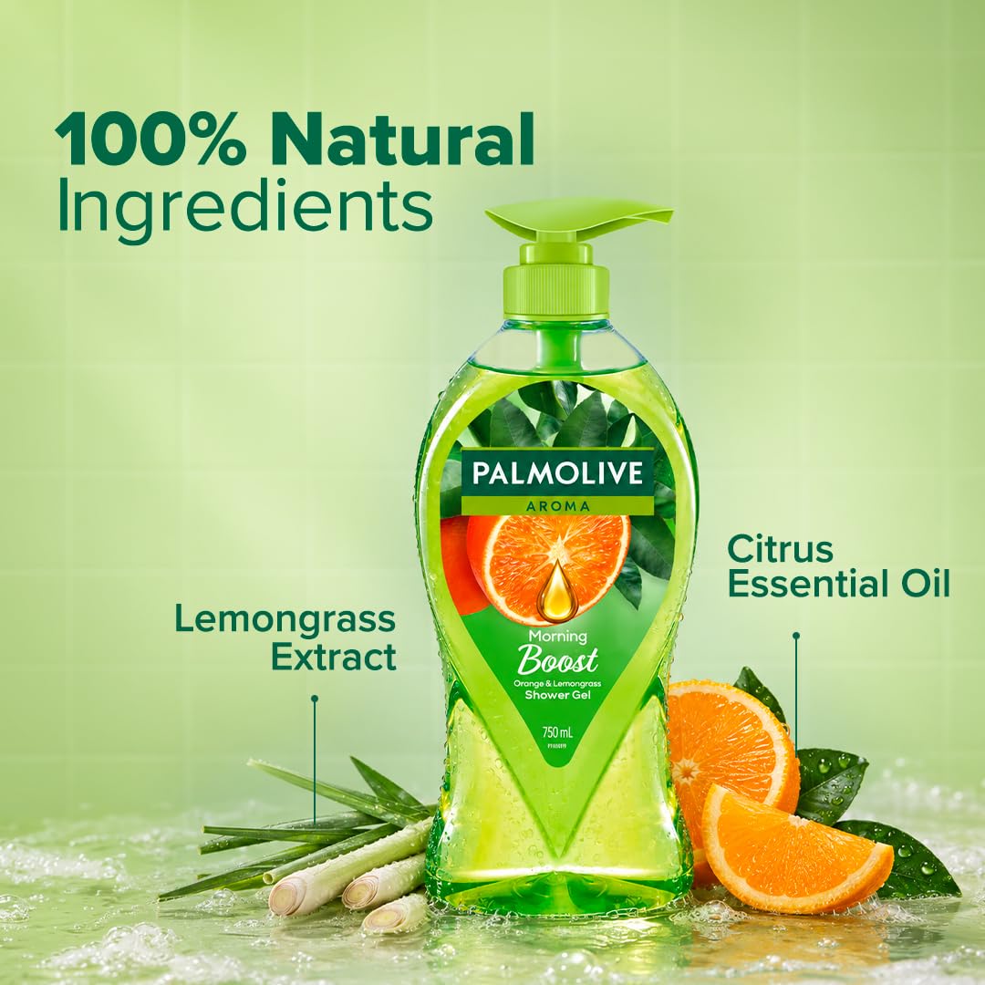 Palmolive Aroma Morning Tonic Body Wash, Gel Based Shower Gel with 100% Natural Citrus Essential Oil & Lemongrass Extracts - pH Balanced, No Parabens, No Silico