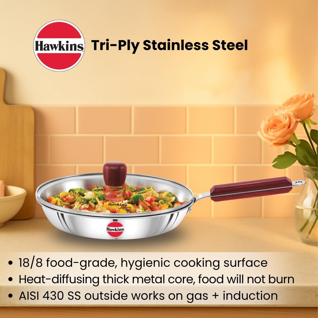 Hawkins 20 cm Frying Pan, Triply Stainless Steel Fry Pan with Glass Lid, Induction Frying Pan, Silver (SSF20G)