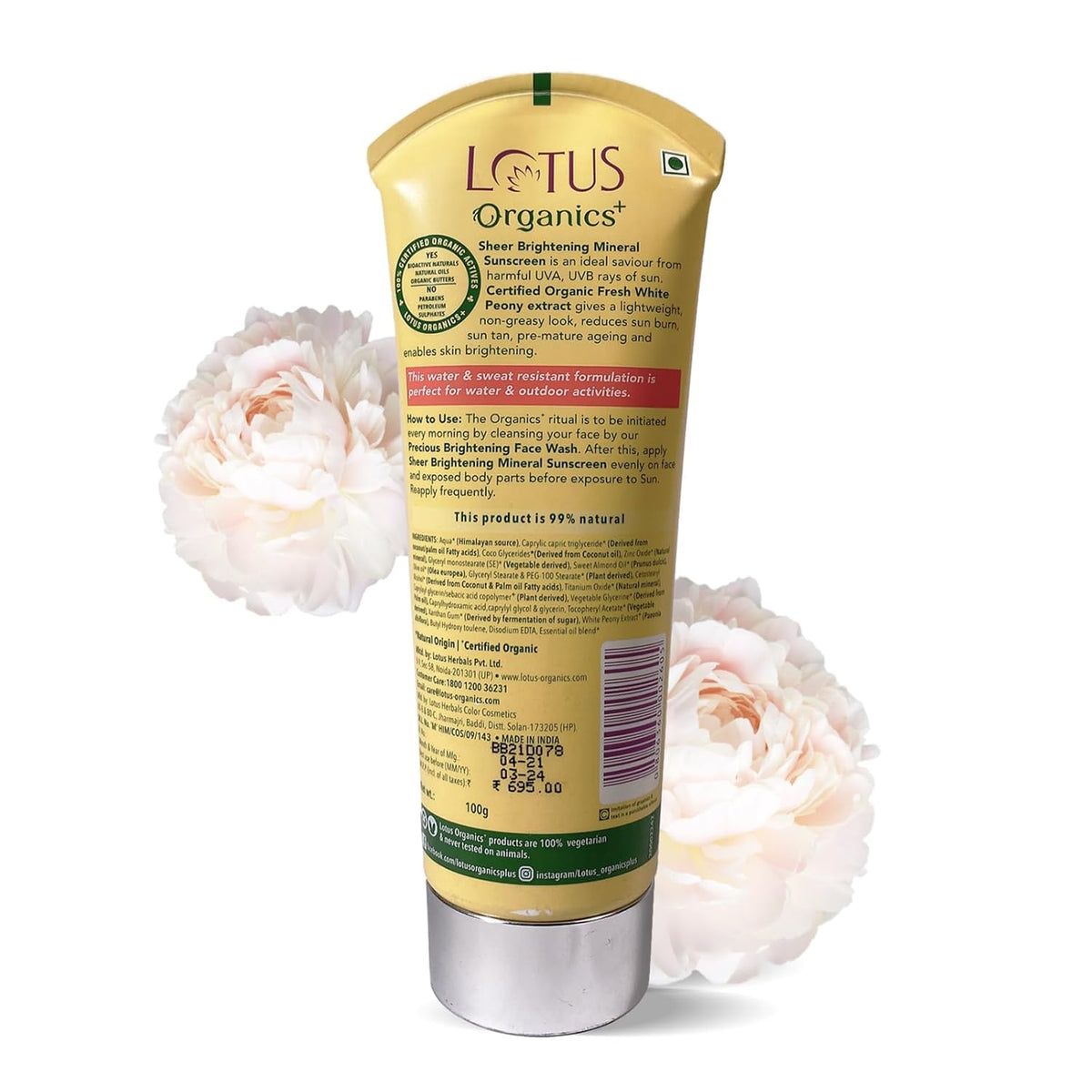 Lotus Organics+ Sheer Brightening Mineral Sunscreen | Non Greasy & Lightweight | SPF 50 | PA+++ | 100% Certified Organic White Peony | Fights Tanning & Pigmenta