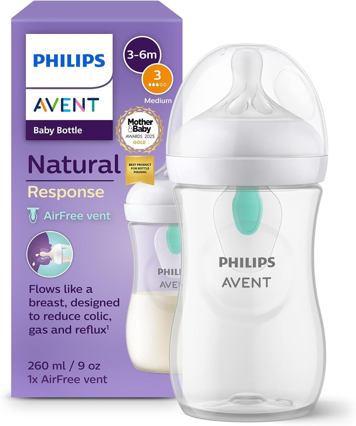 Philips Avent Natural Response Plastic Baby Bottle - 260ml Baby Milk Bottle with AirFree Vent | BPA Free for Newborn Babies Aged 1 Months+ (260ml Air Vent)