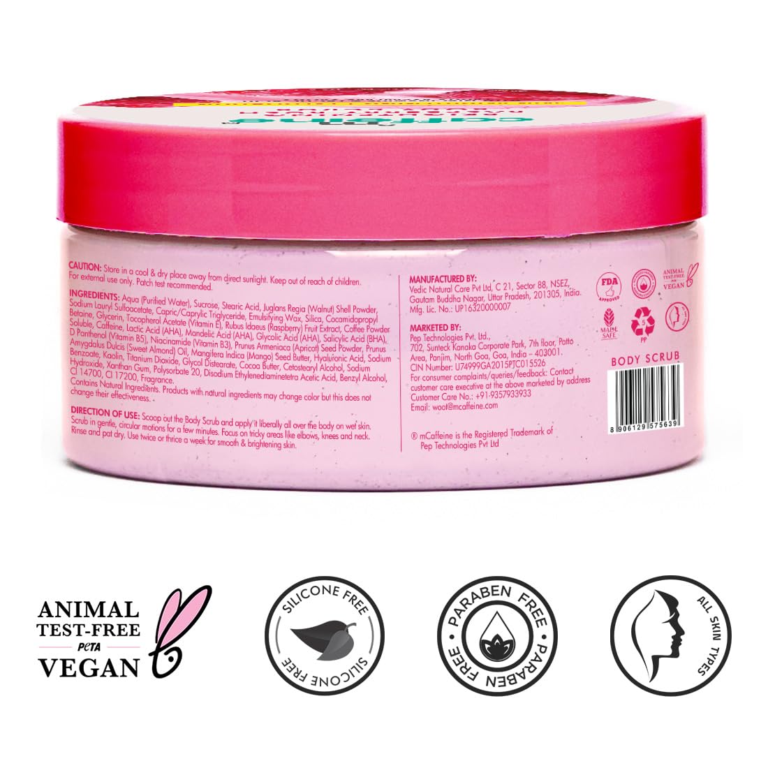mCaffeine Brightening Raspberry Body Scrub | Tan Removal | AHAs - Lactic & Glycolic Acid, Niacinamide | Vitamin C Rich for Brighter, Soft Skin | Remove Dry, Dea
