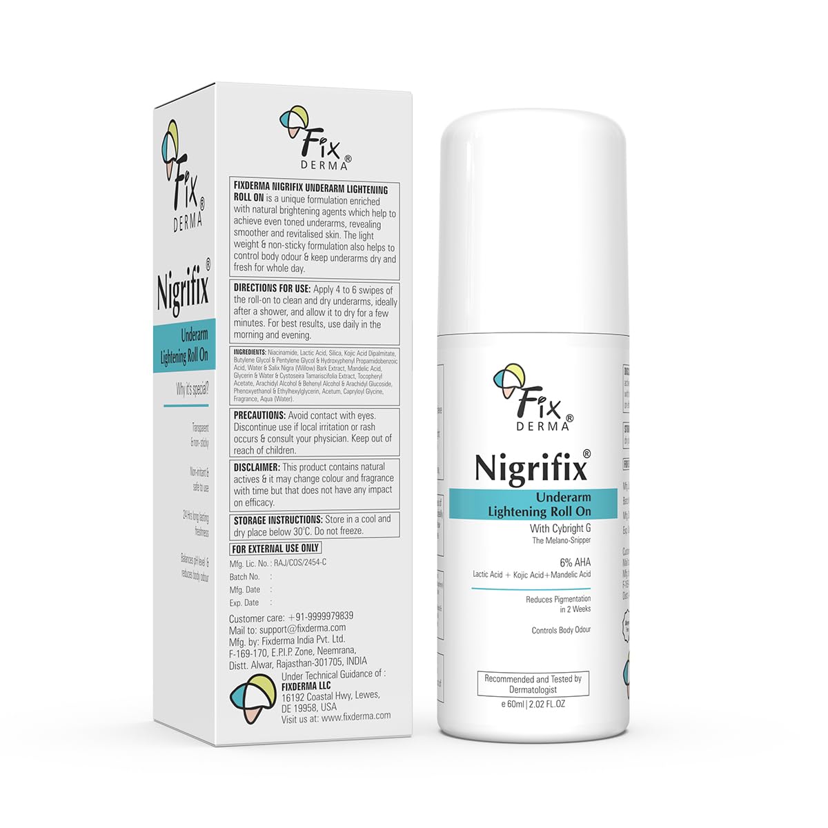 Fixderma Nigrifix Underarm Roll on with 6% AHA, Lactic Acid & 1% Mandelic Acid & Kojic Acid | Brightens Skin & Exfoliates Underarm | For All Skin Type, Men & Wo