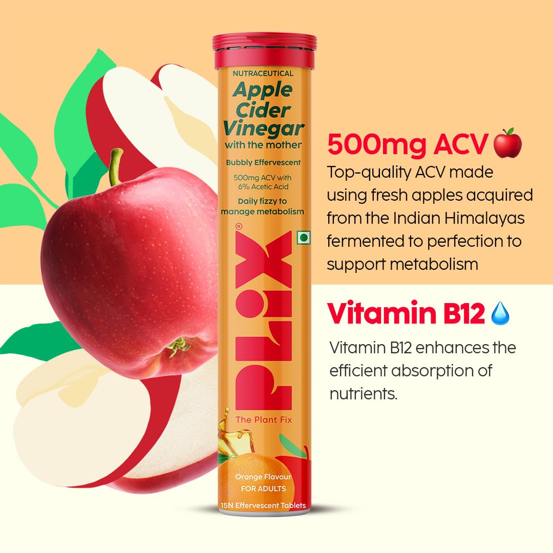 The Plant Fix Plix Apple Cider Vinegar Effervescent Tablet With Mother|Supports Metabolism & Appetite Control I With 500Mg Acv, Vit B6 & B12 I No Maltodextrin,