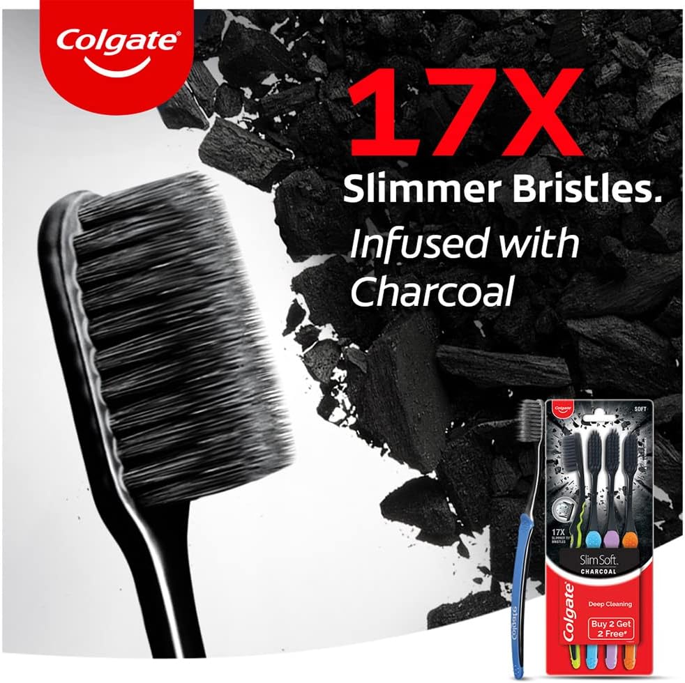 Colgate SlimSoft Charcoal Toothbrush Set of 4 | Soft Bristles | Deep Cleaning Multicolor 4 Count (Pack of 1)