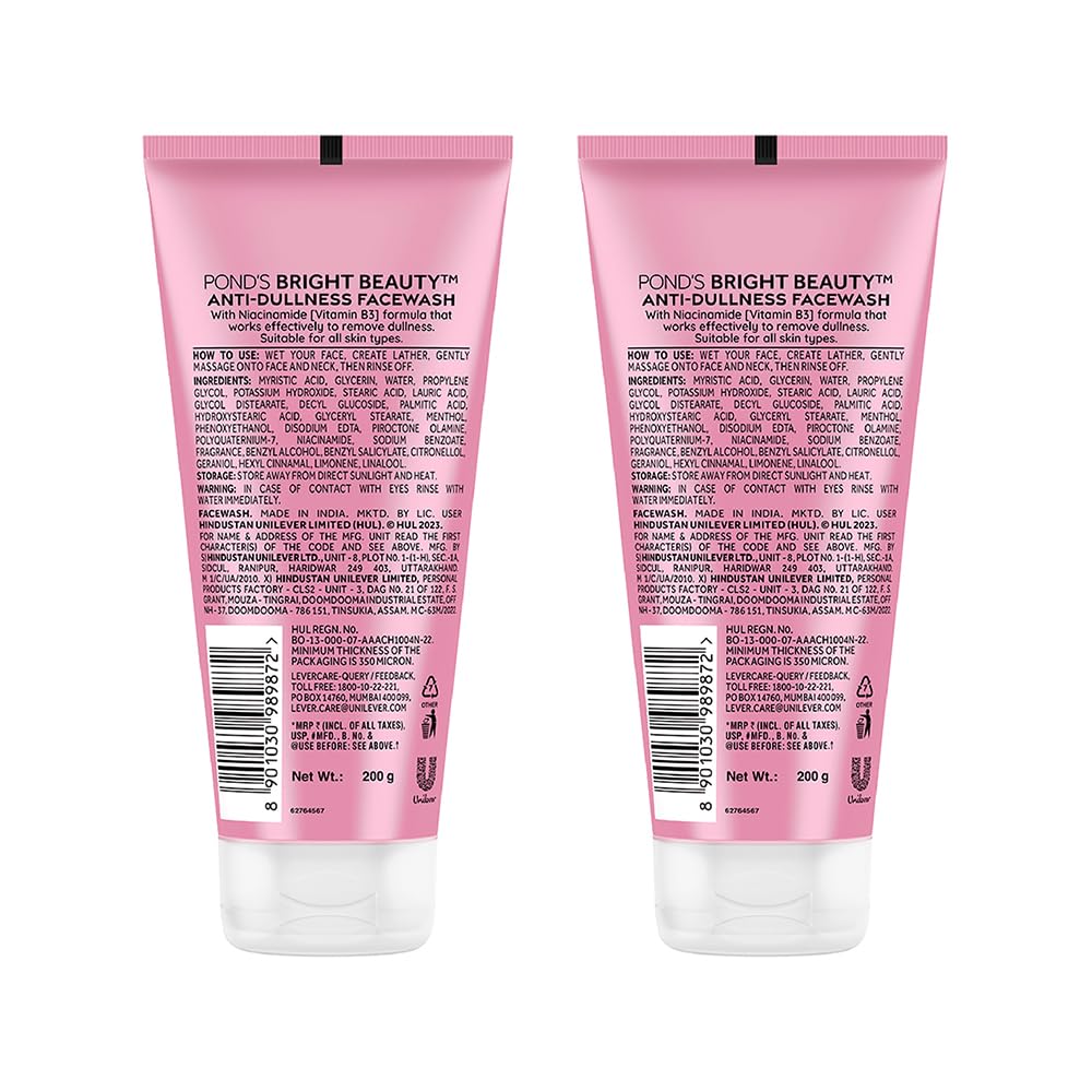 POND's Bright Beauty Anti-Dullness Facewash With Vitamin B3, 200Gm (Pack 2 Count),Pink