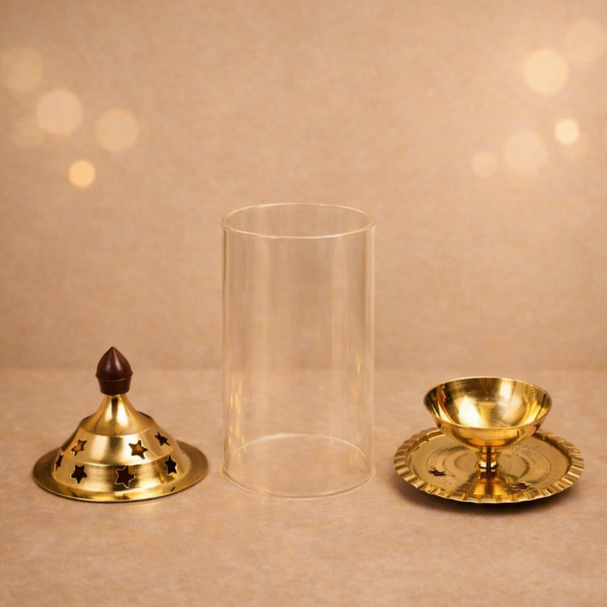 ServDharm Brass Akhand Diya with Borosilicate Glass Cover | Medium Oil Lamp 5.9"