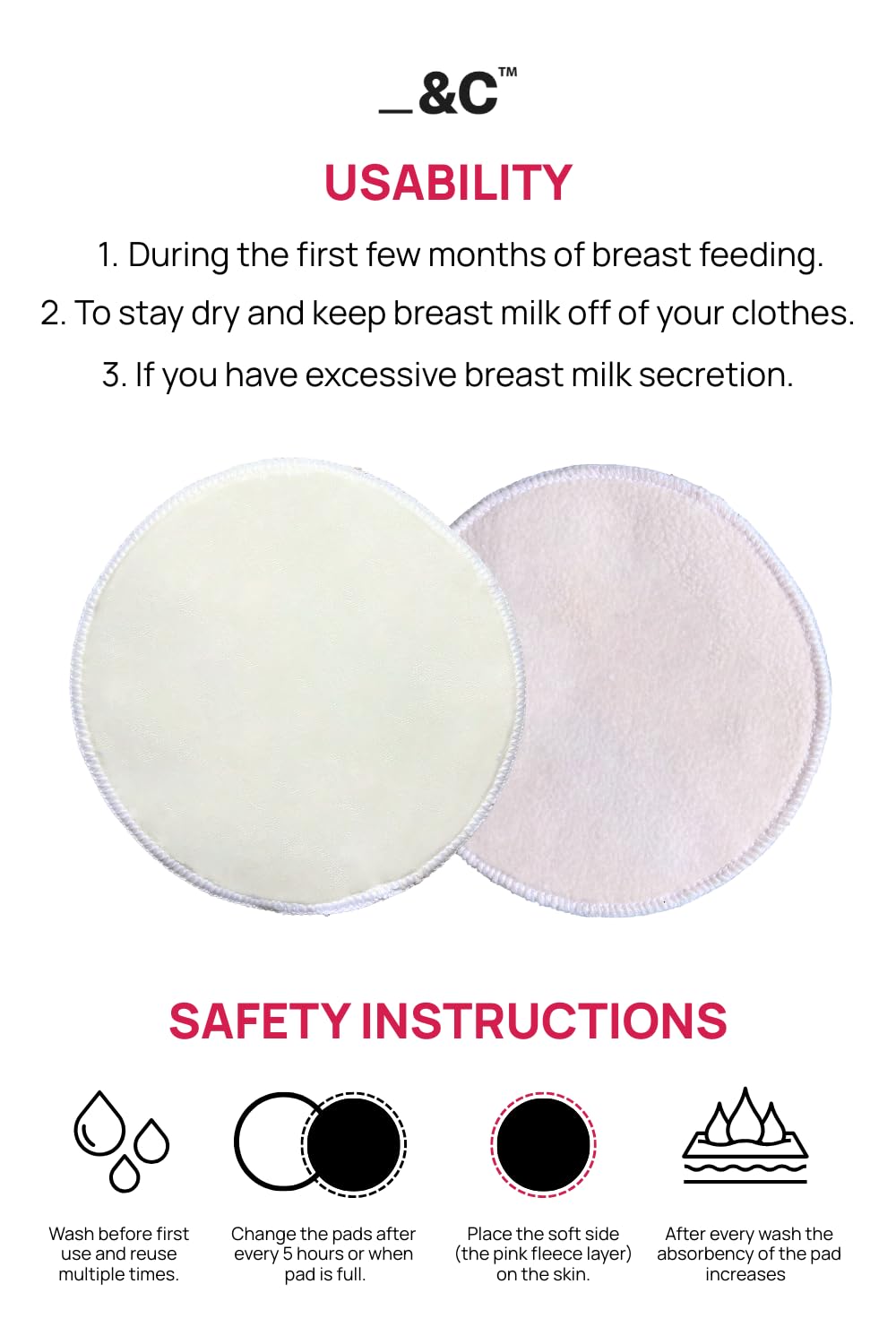 &Circus Leak Proof Pads for Nursing Bra | Washable Maternity Nipple Pad for Women | Reusable Leak Proof Nursing Pads for Breastfeeding Moms Pack of 4 (8 Counts)