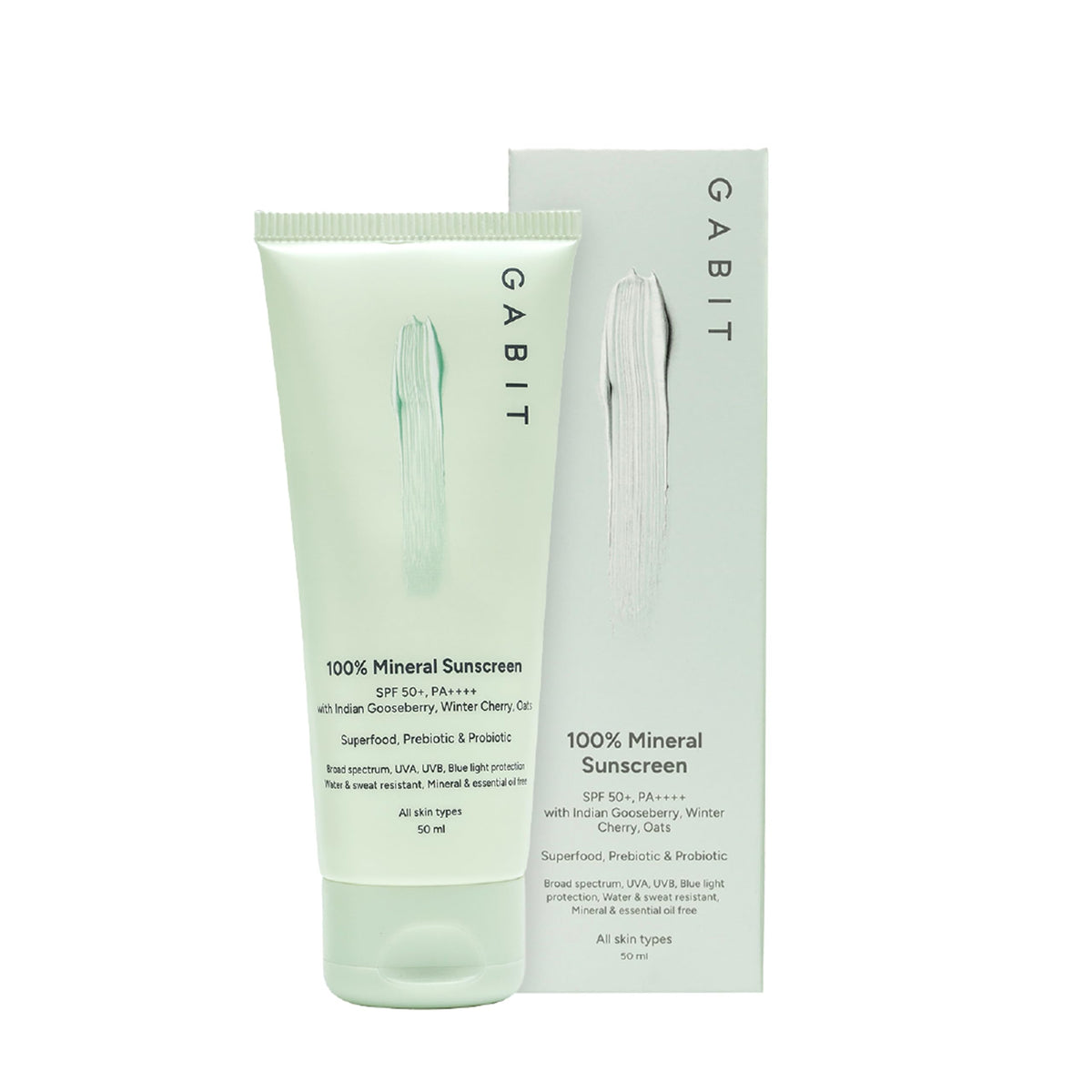 Gabit 100% Mineral Sunscreen SPF 50 PA++++ | Water & Sweat Resistant, UVA/B & Blue Light Protection | No White Cast | Vit E, Gooseberry, Winter Cherry | Normal,