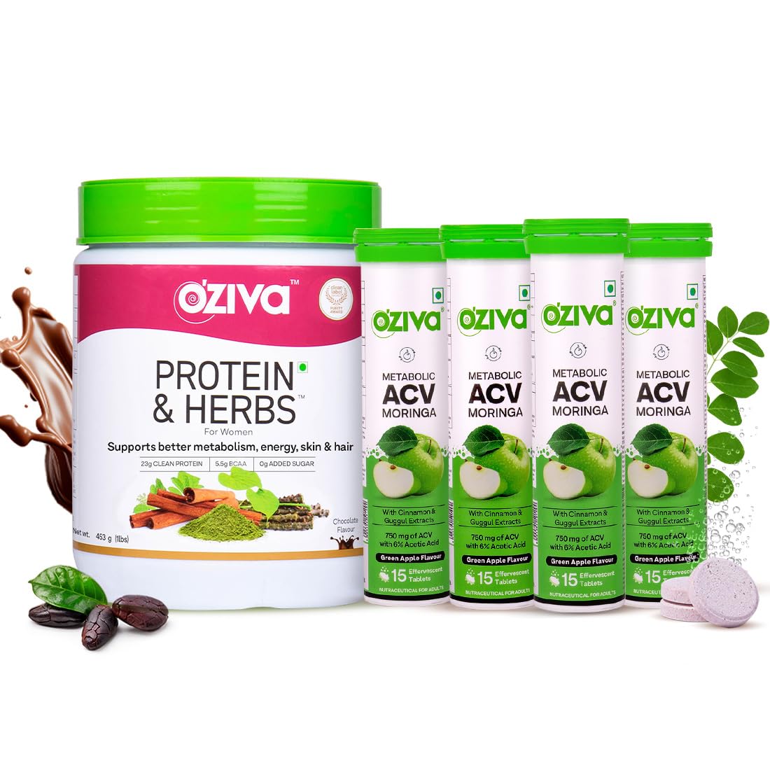 OZiva Protein & Herbs + ACV Moringa Tab, for Weight & Wellness, Pack of 4