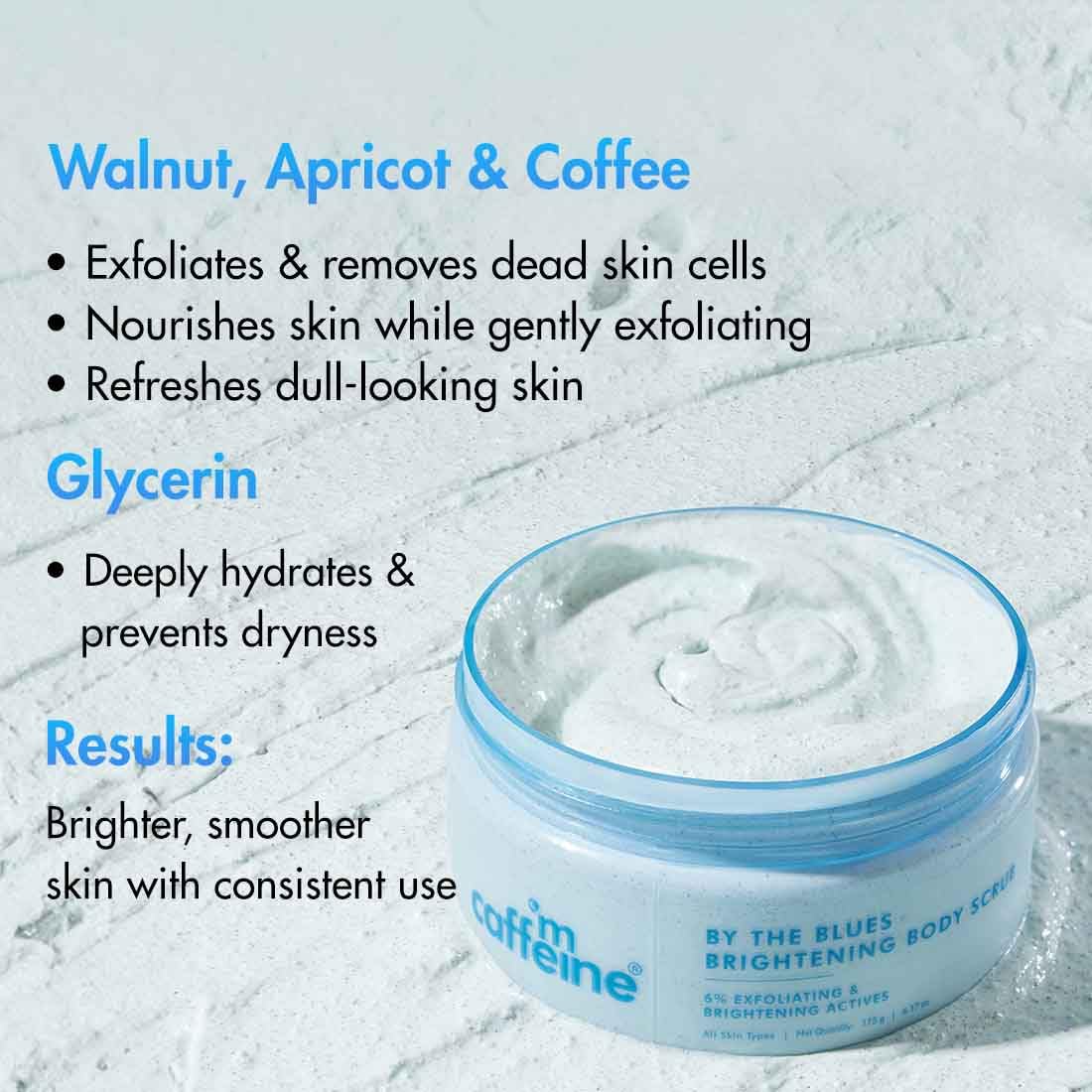 mCaffeine 2-in-1 By The Blues Exfoliating & Brightening Body Scrub | 6% Multi-Action Actives with Niacinamide, Walnut & Apricot | Glycerin for Hydration | Aqua-