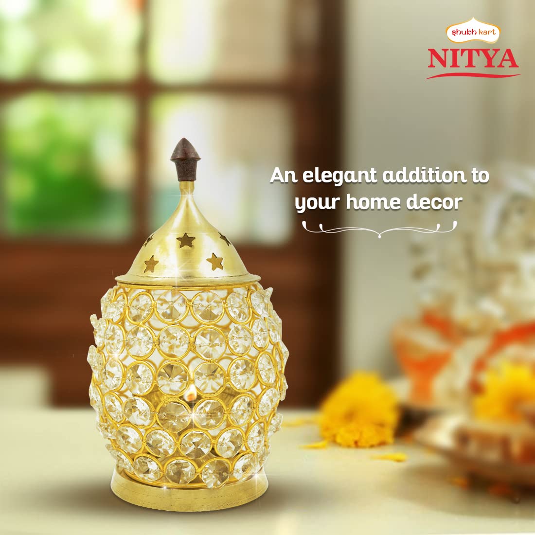Shubhkart Nitya Brass Akhand Brahmand Crystal Diya | Table Deepak Oil Lamp for Pooja Temple Tealight Holder & Lalten Medium Size | Diwali Home Decoration Light