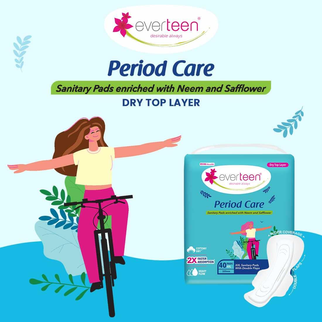 everteen XXL Sanitary Napkin Pads with Cottony-Dry Top Layer for Women Enriched with Neem and Safflower(40 Pads, 320mm) (Pack of 1)