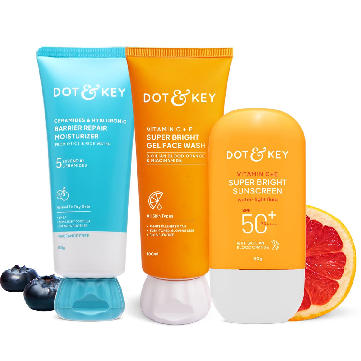 Dot & Key Vitamin C + E Super Bright Sunscreen+Barrier Repair Moisturizer+Vitamin C + E Super Bright Gel Face Wash