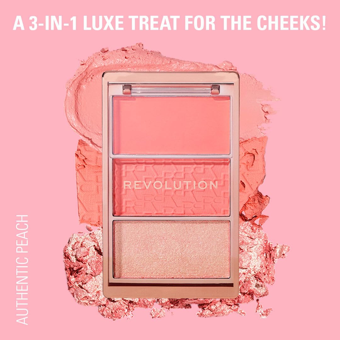 Revolution Blush Icon Palette- Authentic Peach | Cream‑Matte‑Shimmer Trio with Hyaluronic Hydration | Highly Pigmented & Buildable | Long‑Lasting Flush for Indian Skin Tones- 9.8g