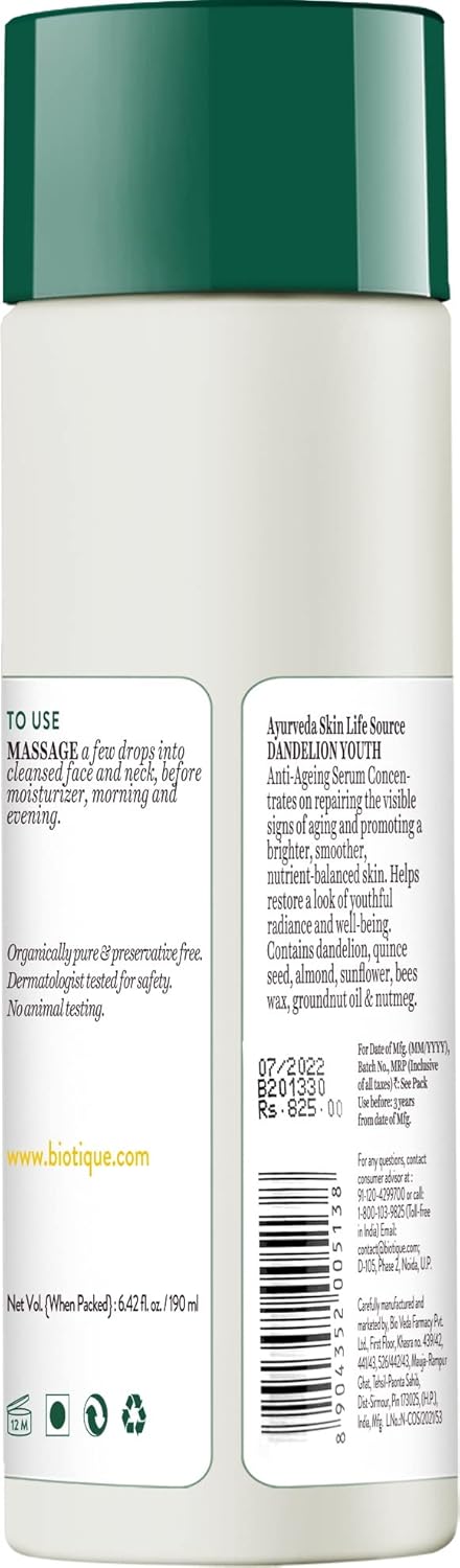 Biotique Dandelion Youth Anti-Ageing Serum| Ayurvedic and Organically Pure| Anti-Ageing Serum for Men & Women| Reduces Fine Lines & Wrinkles |100% Botanical Extracts| All Skin Types | 190ml Visit the Biotique Store