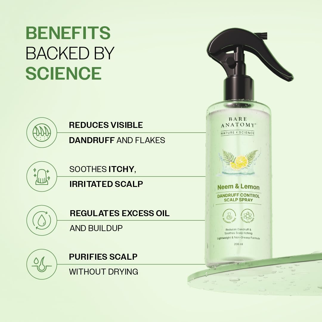 Bare Anatomy Nature x Science Dandruff Control Scalp Spray for Dandruff & Flake Reduction with Neem Leaf, Lemon & Tea Tree Extract | Lightweight & Non-Sticky Formula | Refreshes & Soothe Scalp | 200ml
