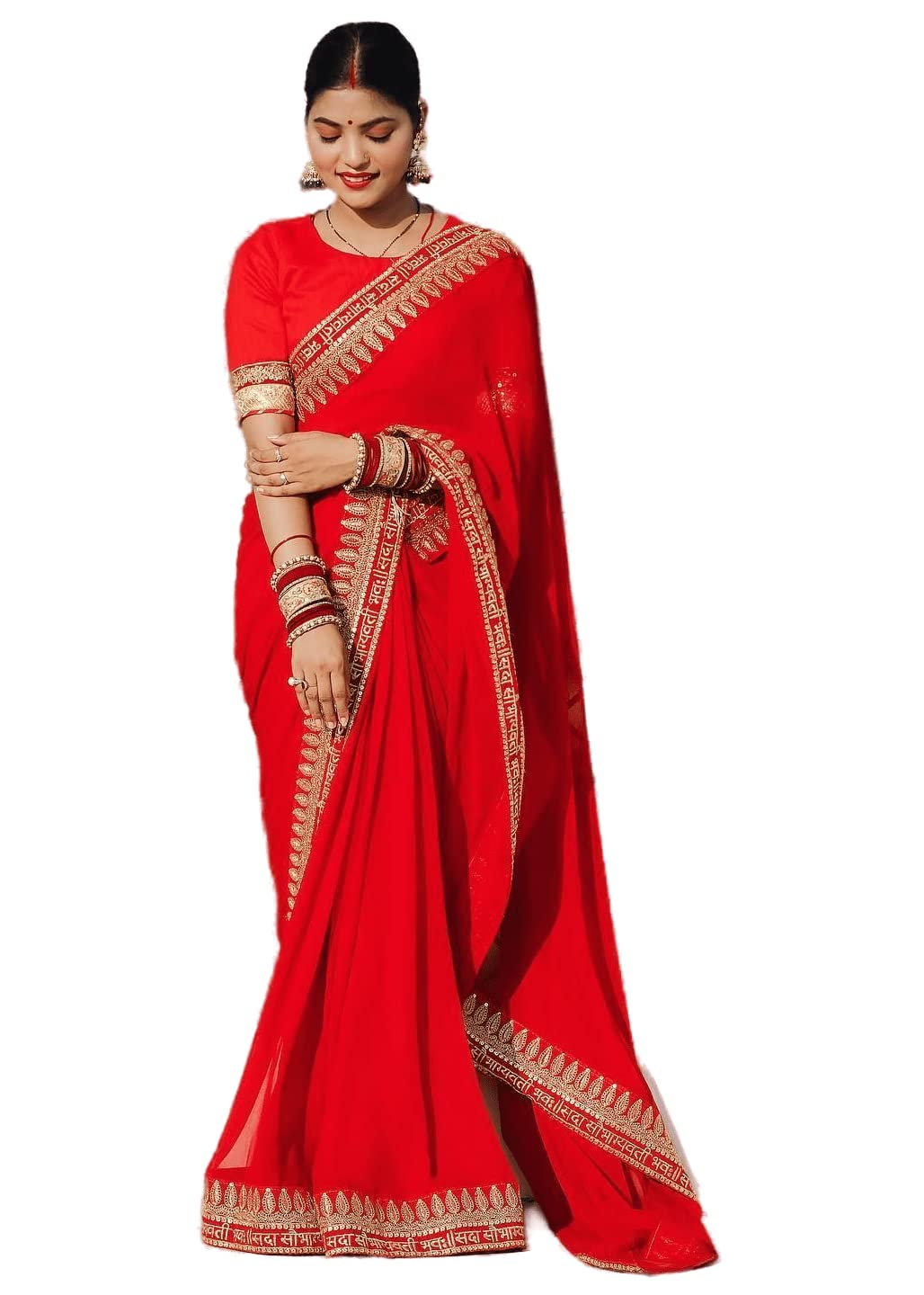 Sidhidata Textile Women's Lace Bordered Georgette Saree With Unstitched Blouse Piece (Sada Saubhagyavati Bhava_karwa Chauth)