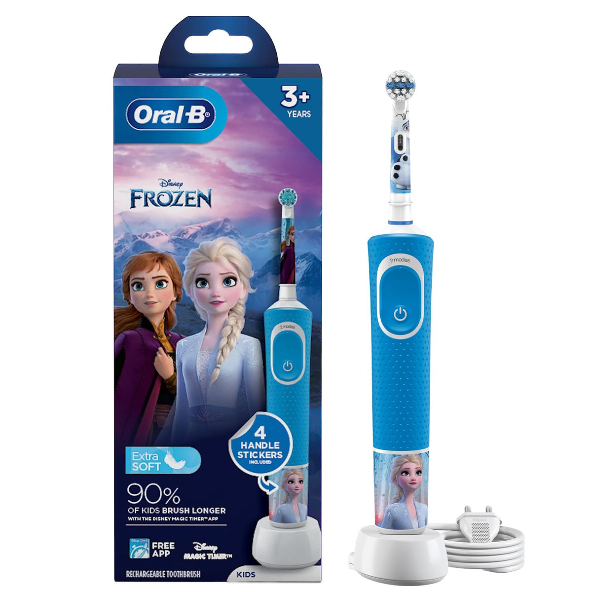 Oral B Kids Frozen Rechargeable Rotating Electric Toothbrush, 2 Brushing Modes (Daily & Sensitive), 2 Min Timer with Quadpacer, 2 Year Warranty, IPX7 Water Resi