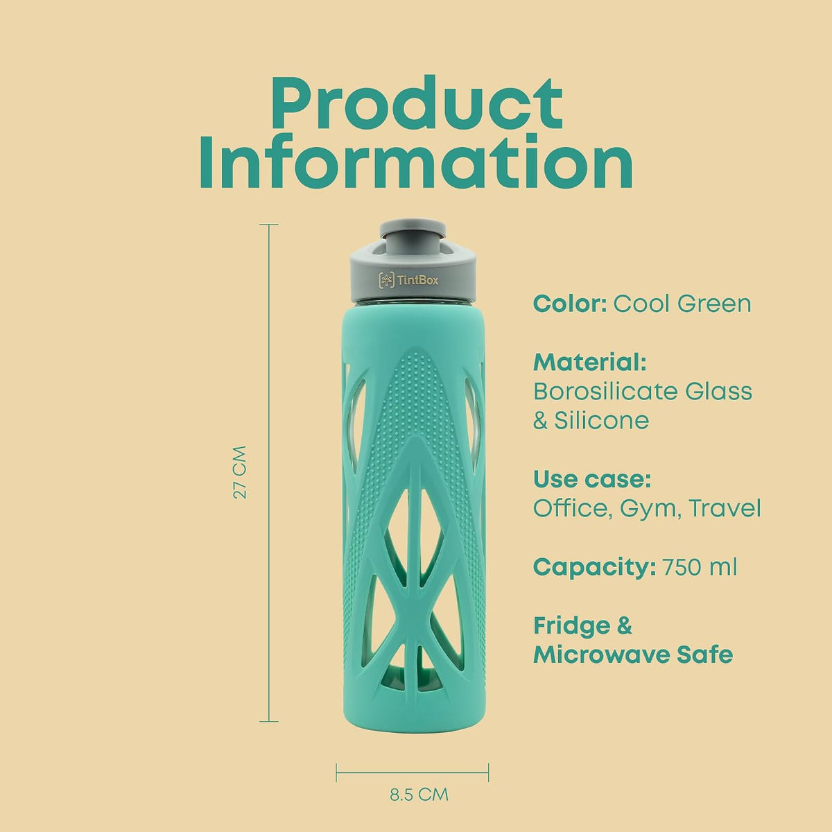 TintBox Borosilicate Glass Water Bottle with Silicone Sleeve | as seen on Shark Tank | perfect for Office, Home, Fridge, Gym, Travel | BPA Free | Power Blue | 7