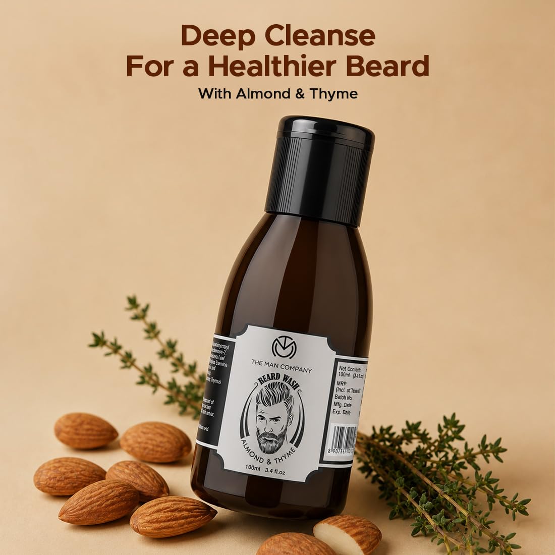 The Man Company Beard Wash for Men- 100ml | Active Cleansing with Almond & Thyme Essential Oils | Natural Ingredients | Softens Beard & Adds Shine