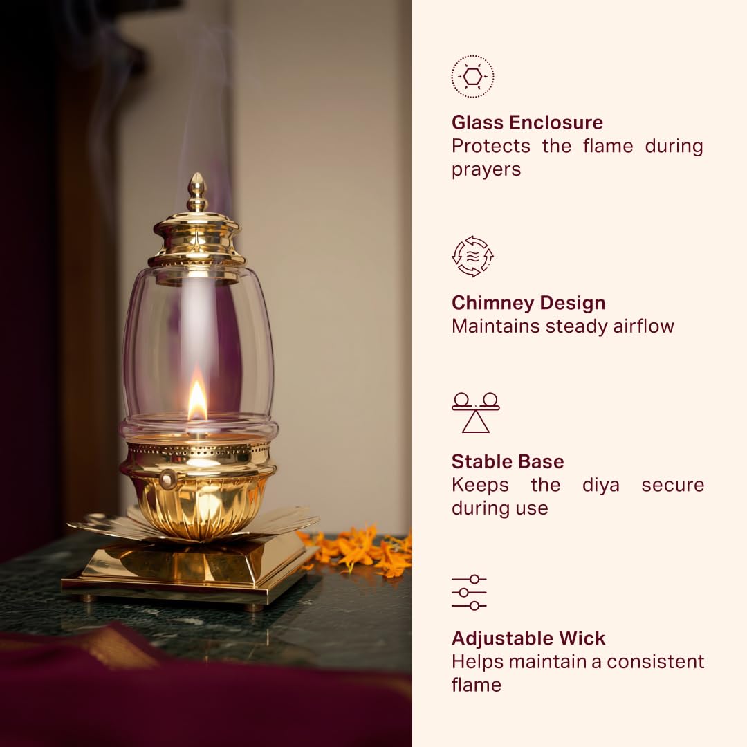 P•TAL Brass Akhand Jyot Diya with Glass Cover – Handcrafted Long-Lasting Oil Lamp for Puja, Mandir & Festivals (1N) Large