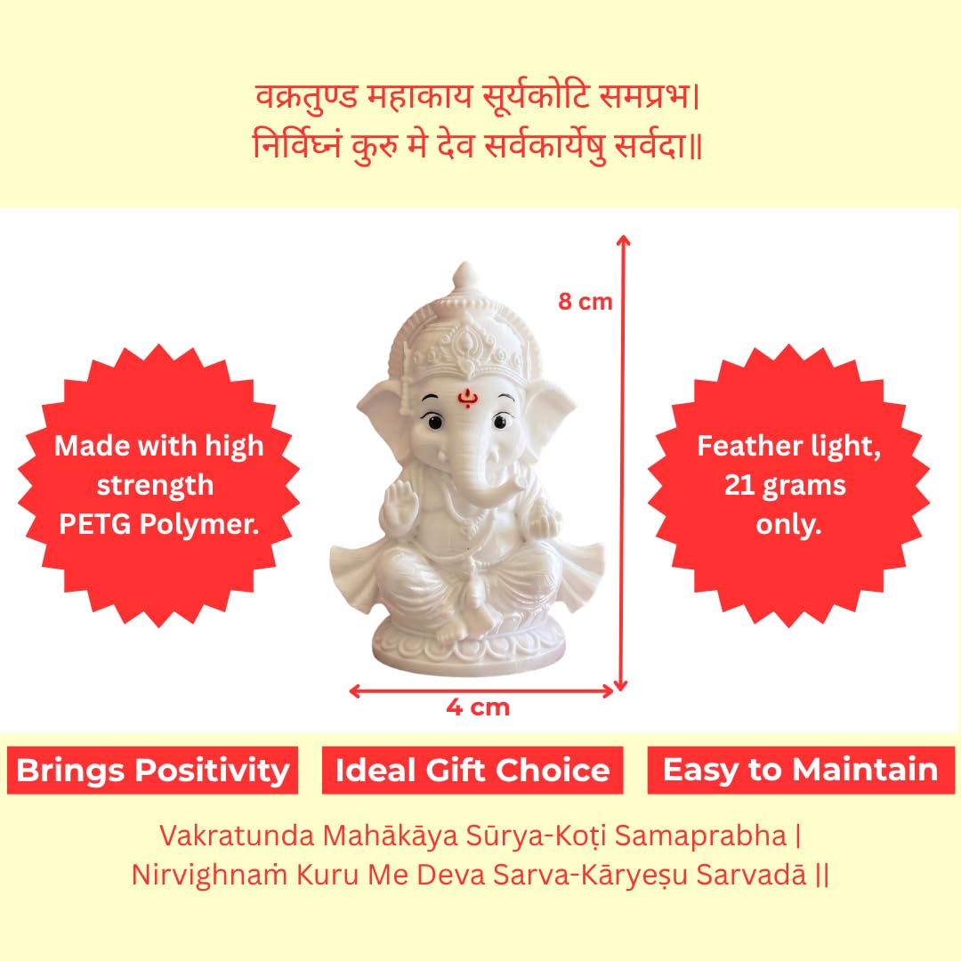 Shri Ganesha Idol Murti, 8 cm Height, Bal Ganesh, 3D Printed, PETG Material, Light Weight, God Ganesha Idol for Car Dashboard, Home Decor, Puja, Gift, Office De