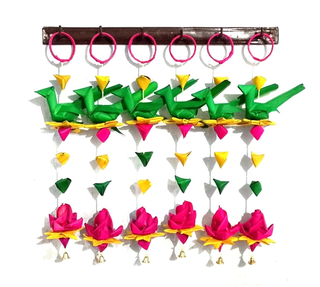 Handmade Palm Leaf Parrots Hangings, PalmLeaf Lotus Hangings, Eco-Friendly Organic Decorations for Main Entrance Pooja Room - (2 Pieces, 1feet Size), toran, Pal