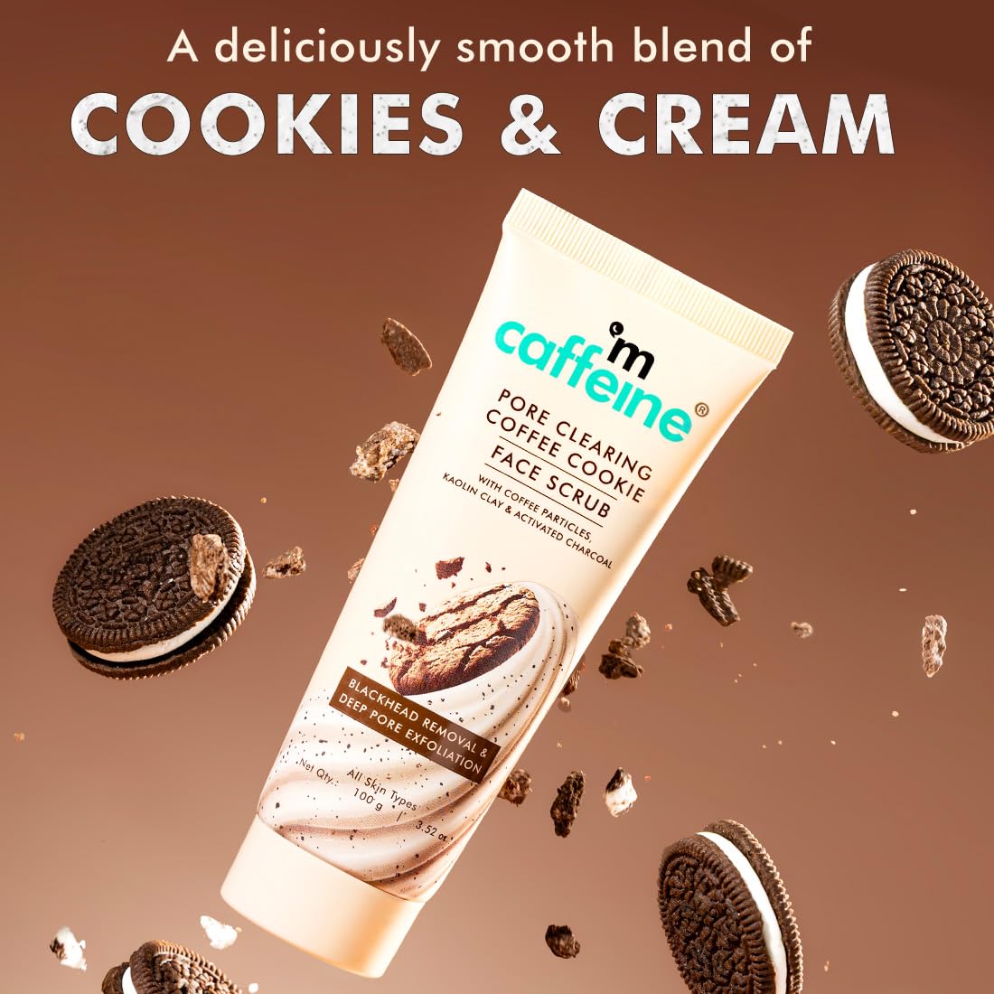 mCaffeine Pore Clearing Coffee & Cookie Face Scrub | Remove Blackheads, Detan & Exfoliate Dead Skin | 4.5% Exfoliants - Walnuts, Coffee, Charcoal, Clay | Glowin